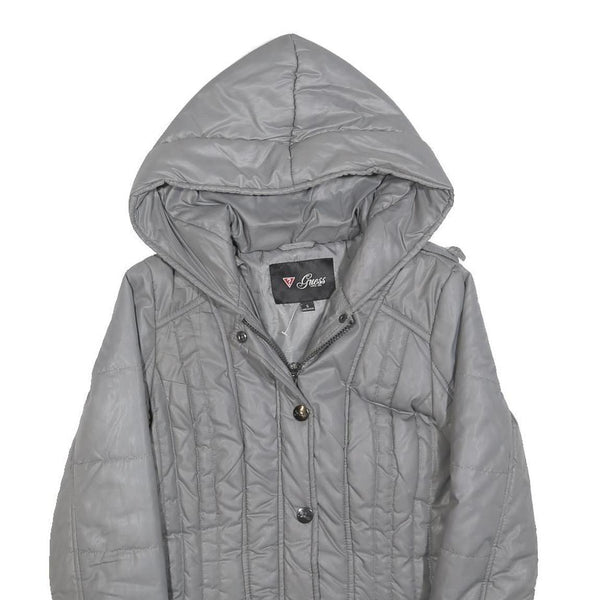 GUESS Womens Grey Hooded Quilted Jacket S Polyester Blend Zip Casual Outerwear