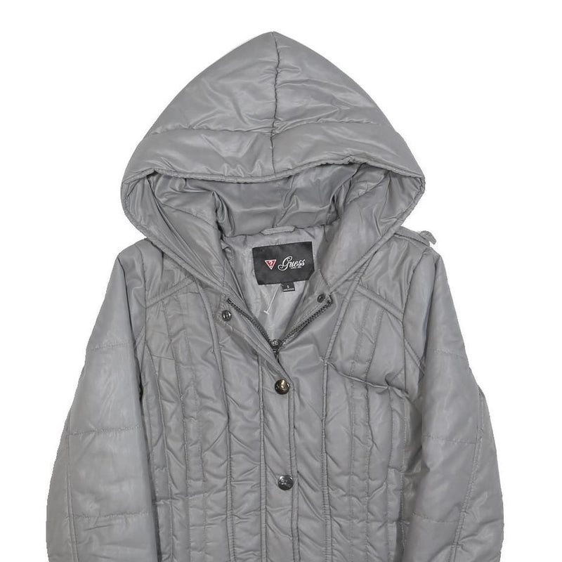 GUESS Womens Grey Hooded Quilted Jacket S Polyester Blend Zip Casual Outerwear
