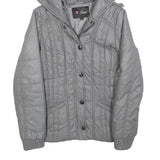GUESS Womens Grey Hooded Quilted Jacket S Polyester Blend Zip Casual Outerwear