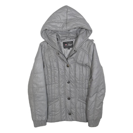 GUESS Womens Grey Hooded Quilted Jacket S Polyester Blend Zip Casual Outerwear