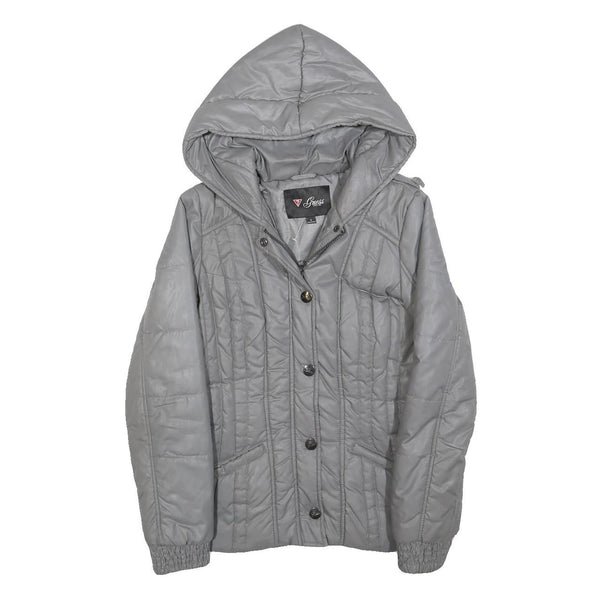 GUESS Womens Grey Hooded Quilted Jacket S Polyester Blend Zip Casual Outerwear