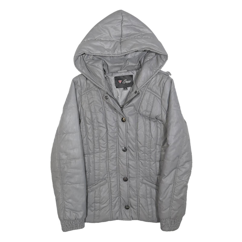 GUESS Womens Grey Hooded Quilted Jacket S Polyester Blend Zip Casual Outerwear