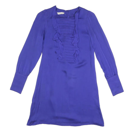REISS Womens Blue Silk Day Dress V-Neck Long Sleeve UK 6 Elegant Ruffle Detail