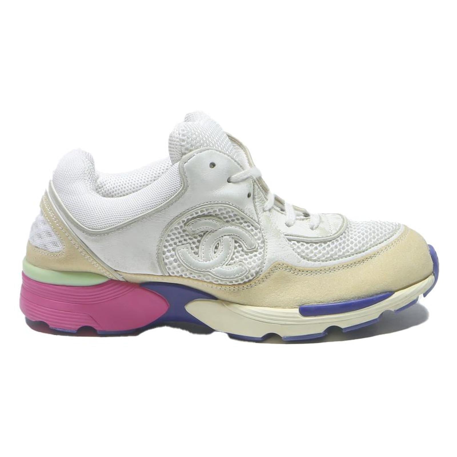 CHANEL Womens White Beige Synthetic Trainers UK 3 Luxury Brand Colourful Sole