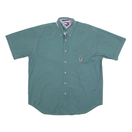TOMMY HILFIGER Mens Green L Button Down Shirt Cotton Short Sleeve Casual