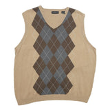 VAN HEUSEN Mens Beige Brown Grey Argyle Pattern V-Neck Cotton Jumper XL Classic