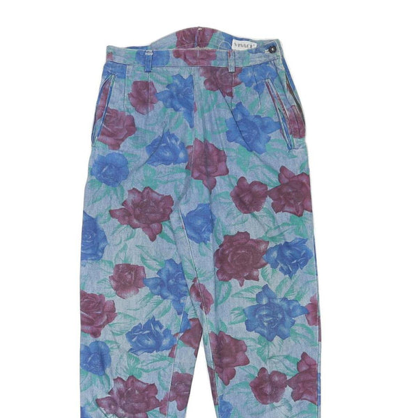 VIVACE Womens Cotton Blend Blue & Maroon Floral Relaxed Trousers W26 L28