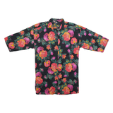 Womens Black Floral Printed Shirt 3/4 Sleeve Collared L Vibrant Summer Top