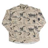 NORTH RIVER Mens Beige Fishing Print Cotton Shirt L Outdoor Angling Pattern