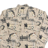 NORTH RIVER Mens Beige Fishing Print Cotton Shirt L Outdoor Angling Pattern