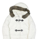TOMMY HILFIGER Womens White Button Puffer Jacket M Polyester Blend Faux Fur Hood