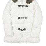 TOMMY HILFIGER Womens White Button Puffer Jacket M Polyester Blend Faux Fur Hood