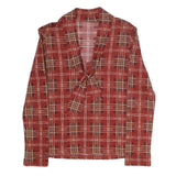 Womens Red Plaid Bow Tie Long Sleeve V-Neck Polyester Top M Stylish Retro