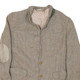 Mens Beige Cotton Blend Herringbone Jacket M Tailored Lapel Zip Elbow Patches
