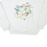 Mens White Sweatshirt Pullover L Cartoon Graphic Print Crew Neck Cotton Blend
