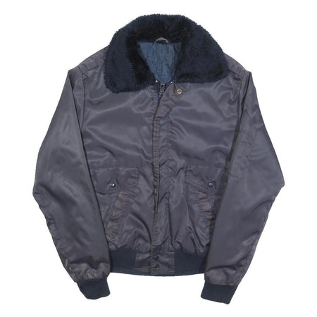 Mens Navy Blue Plain Flight Jacket S Polyester Blend Zip Faux Fur Collar