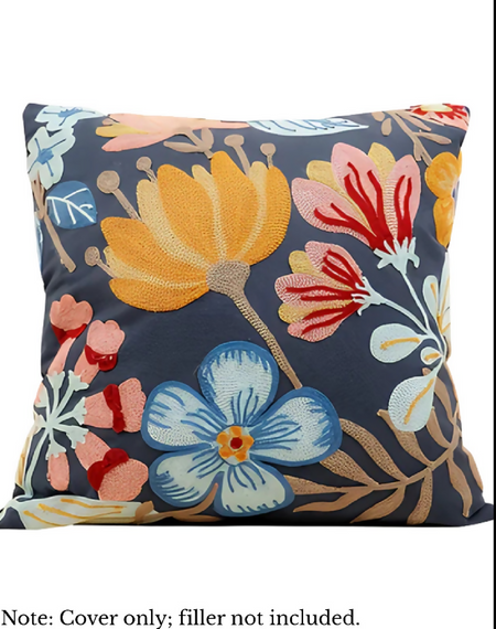 Anypillow Dark Blue Floral Embroidered Pillowcase Decorative Cushion Cover