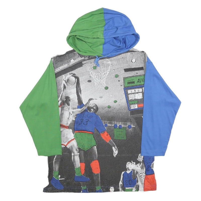 MOSKITO Boys Blue & Green Basketball Graphic Cotton Blend Hoodie L Colourblock