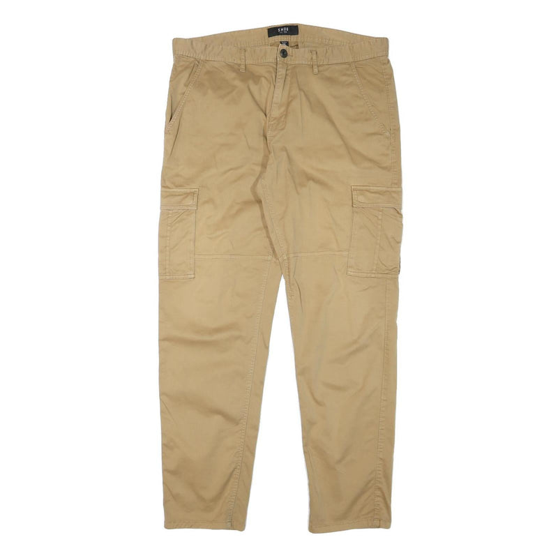 SMOG Mens Cotton Blend Relaxed Beige Cargo Trousers W38 L32 Casual Zip Closure