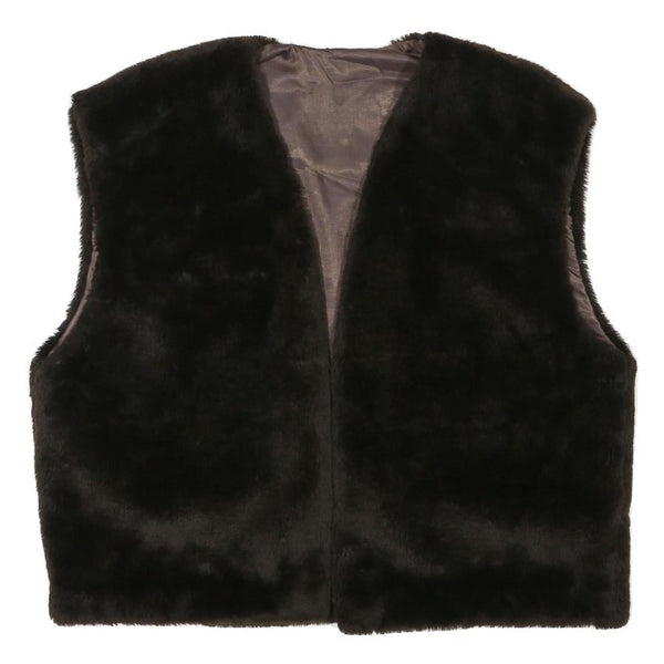 Womens Black Faux Fur Sleeveless Jacket L Polyester Blend Plain Soft Feel