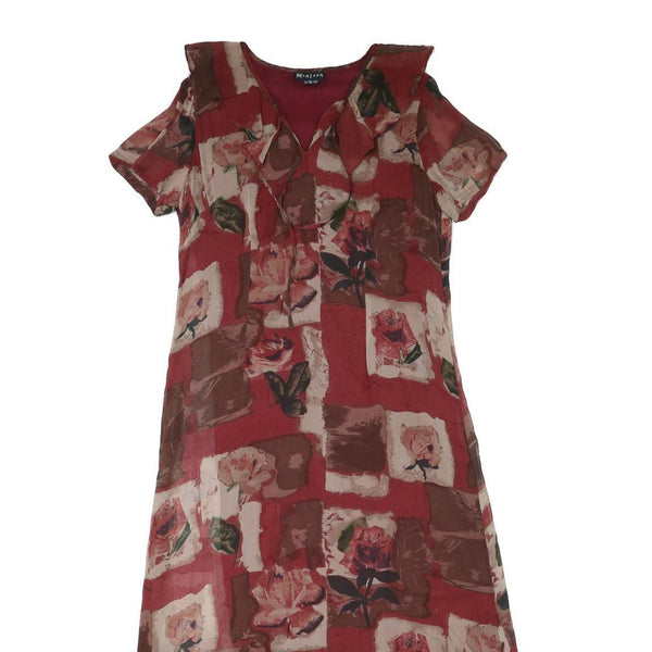MONSOON Womens Red Brown Floral Day Polyester Blend Dress UK 14 Ruffle Neck