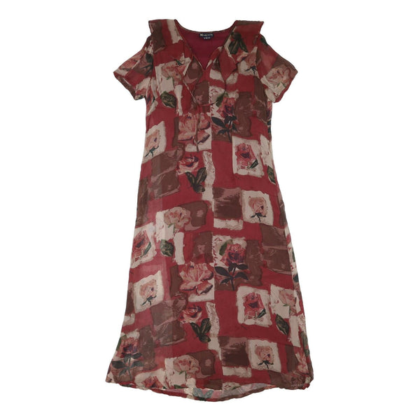 MONSOON Womens Red Brown Floral Day Polyester Blend Dress UK 14 Ruffle Neck