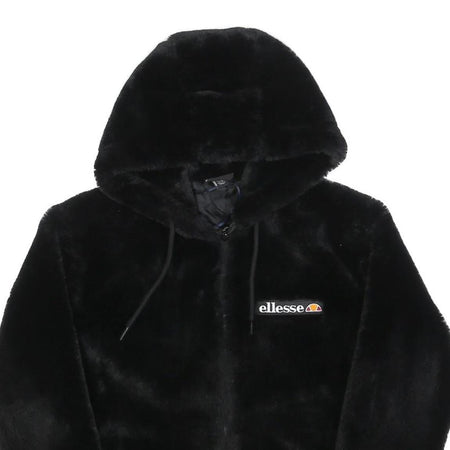 ELLESSE Womens Black Hoodie UK 6 Polyester Blend Faux Fur Full Zip Casual
