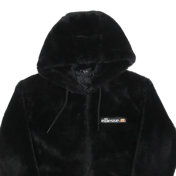 ELLESSE Womens Black Hoodie UK 6 Polyester Blend Faux Fur Full Zip Casual