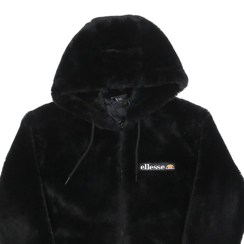 ELLESSE Womens Black Hoodie UK 6 Polyester Blend Faux Fur Full Zip Casual