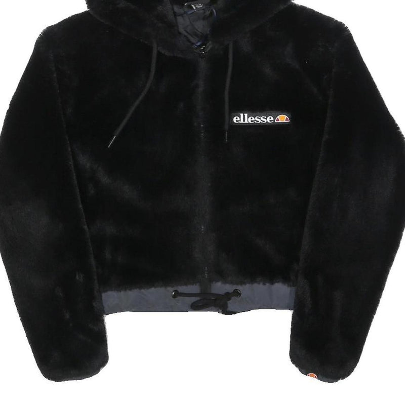 ELLESSE Womens Black Hoodie UK 6 Polyester Blend Faux Fur Full Zip Casual
