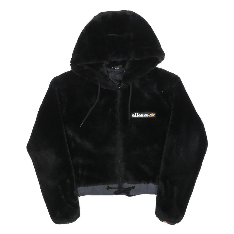 ELLESSE Womens Black Hoodie UK 6 Polyester Blend Faux Fur Full Zip Casual