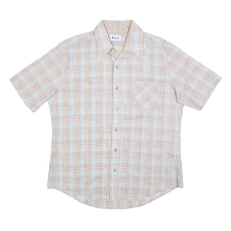 HIS Mens Beige & Blue Checked Shirt XL Cotton Blend Short Sleeve Casual Summer