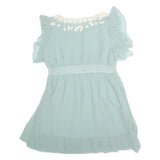 HERMES Womens Light Blue Silk Day Dress Lace Trim Short Sleeve M Elegant