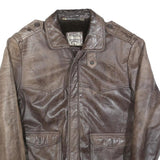 Mens Brown Leather Zip Jacket M Classic Fit Casual Outerwear Vintage Style