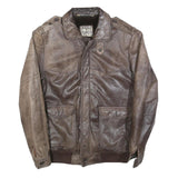Mens Brown Leather Zip Jacket M Classic Fit Casual Outerwear Vintage Style