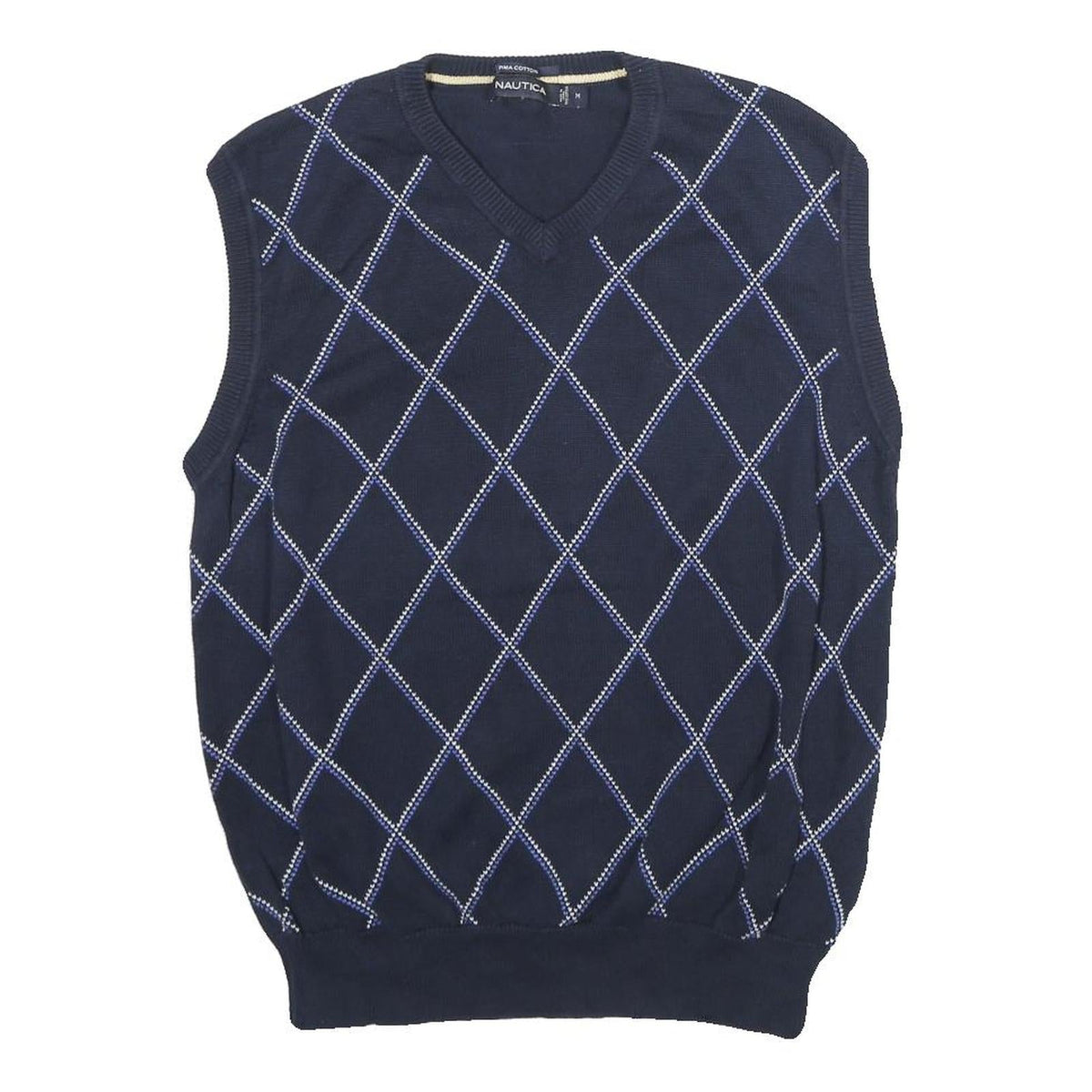 NAUTICA Mens Blue & White Patterned V-Neck Cotton Jumper M 