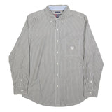 CHAPS Mens Grey & White Striped Shirt M Button-Down Collar Cotton Blend Classic