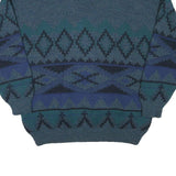 JOCKEY Mens Blue Patterned V-Neck Jumper Chunky Knit L Wool Blend Warm Casual