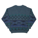JOCKEY Mens Blue Patterned V-Neck Jumper Chunky Knit L Wool Blend Warm Casual