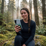 Powder Blue Forest Mist Samsung Galaxy S25 Case - Lifestyle photo showing phone case in use