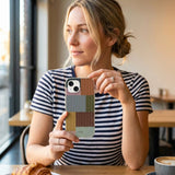 London Fog Knitted Patchwork iPhone 15 Pro Case - Lifestyle photo showing phone case in use