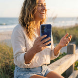 Powder Blue Denim Heart Samsung Galaxy S25 Case - Lifestyle photo showing phone case in use