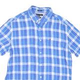 TOMMY HILFIGER Mens Blue & White Checked Linen Shirt L Button Down Short Sleeve