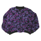 Womens Black Purple Leaf Print Casual Zip Jacket L Polyester Blend Bomber