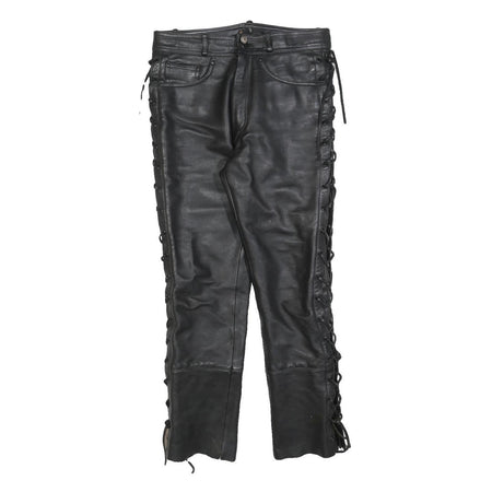 IXS Mens Leather Black Slim Trousers W30 L30 Lace-Up Side Detail Zip Closure