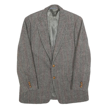 HARRIS TWEED Mens Brown Grey Wool Herringbone Tailored Jacket L Button Closure