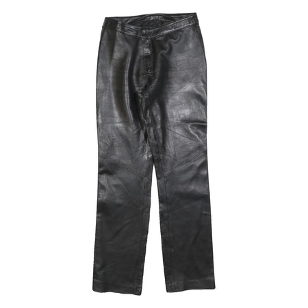 Womens Black Leather Regular Fit Straight Leg Trousers W28 L30 Soft Zip Closure