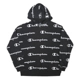 CHAMPION Mens Black Hoodie 2XL Cotton Blend Pullover All Over Logo Print