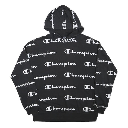 CHAMPION Mens Black Hoodie 2XL Cotton Blend Pullover All Over Logo Print