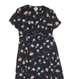 ROBBIE BEE Womens Black Floral Day Dress Cotton Blend Short Sleeve Midi L